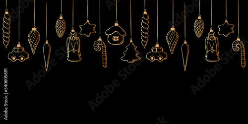 Vector Christmas and New Year background with Hanging outline toys, balls, decorations for xmas tree, in doodle style