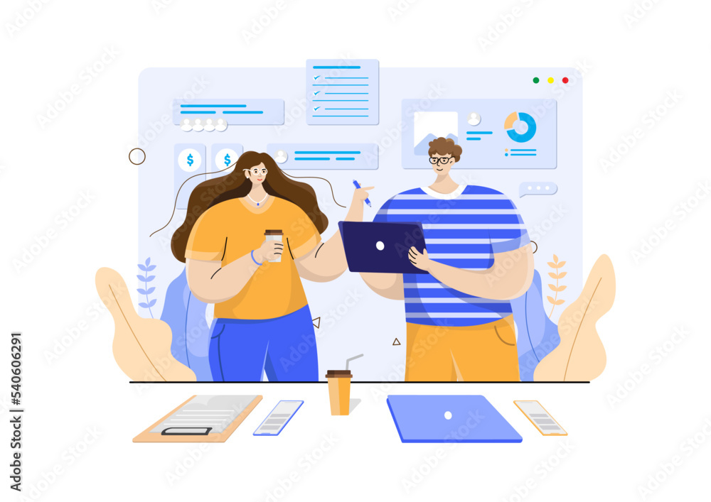 Fototapeta premium vector illustration for a business website, two people discussing their work, vector in a modern and flat style