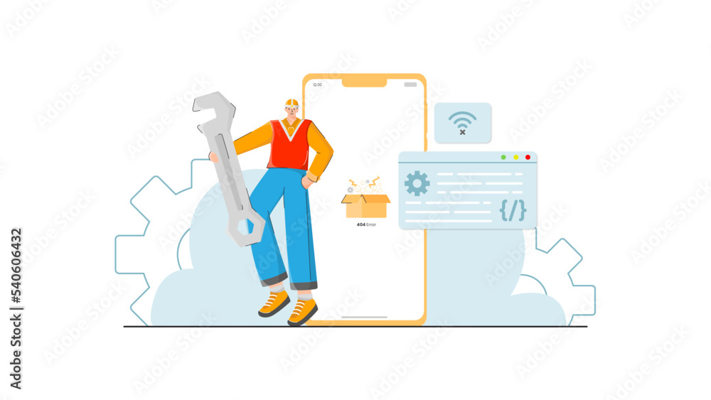 illustration of a handyman fixing a problem, perfect for web errors, vector in a modern style