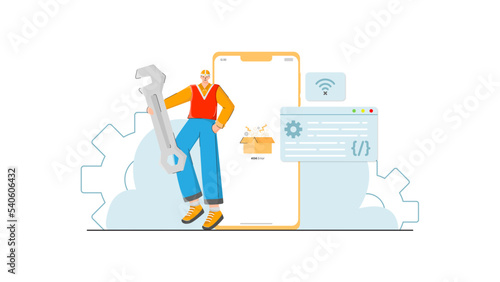 illustration of a handyman fixing a problem, perfect for web errors, vector in a modern style