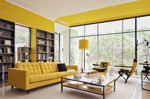 modern and classic interior living room style. Yellow detail in the room with bookcase. Decorative furniture style.