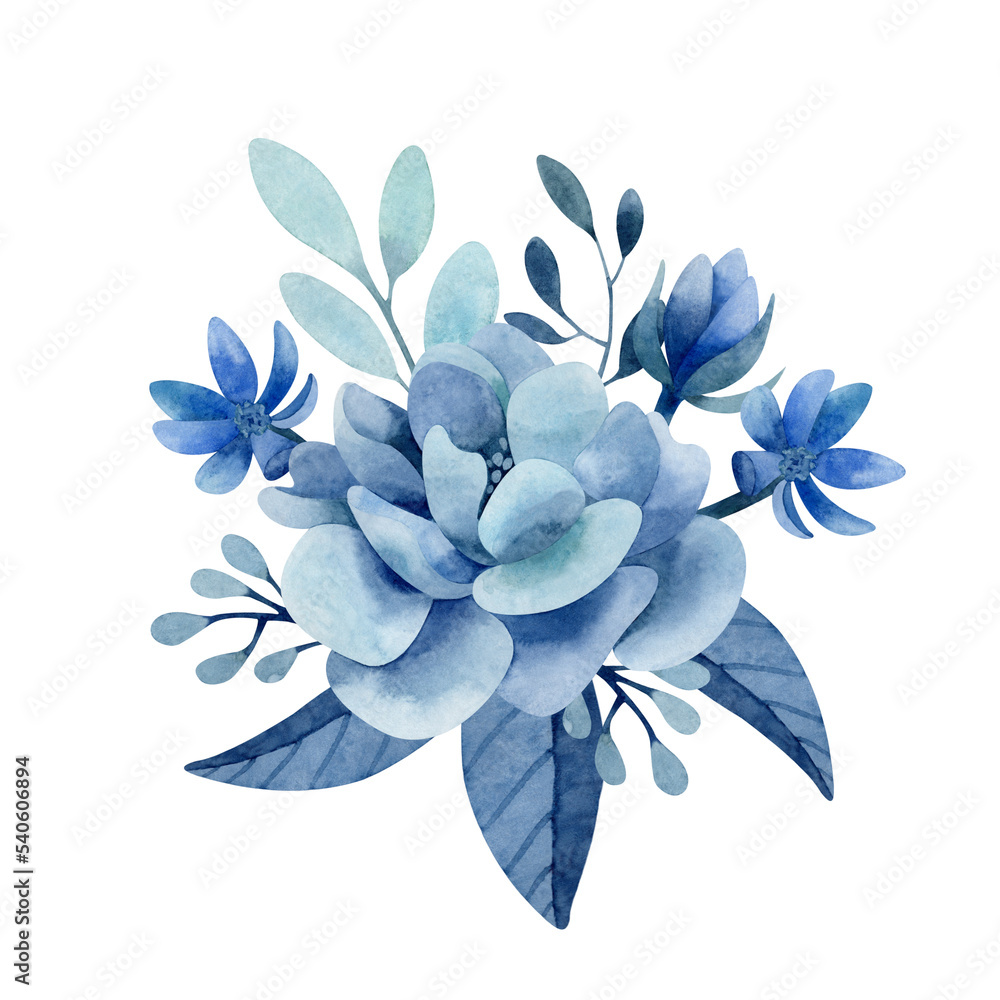 Watercolor composition with indigo blue branches, leaves and flowers. Hand drawn bouquet arrangement with rose and wildflowers. Floral clipart.