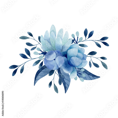 Fototapeta Naklejka Na Ścianę i Meble -  Watercolor composition with indigo blue branches, leaves and flowers. Hand drawn bouquet arrangement with rose, peony, succulent. Floral clipart.