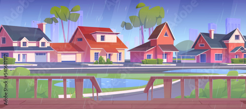 Suburb street with houses, road and wooden terrace in rain. Summer landscape of village with cottages, green grass, trees and porch with fence and stairs in rainy weather, vector cartoon illustration