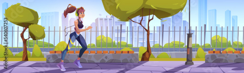 Woman run along street with metal fence, trees and benches on summer cityscape background. Fit girl in headset gain sports jogging activity in park, healthy lifestyle, Cartoon vector illustration