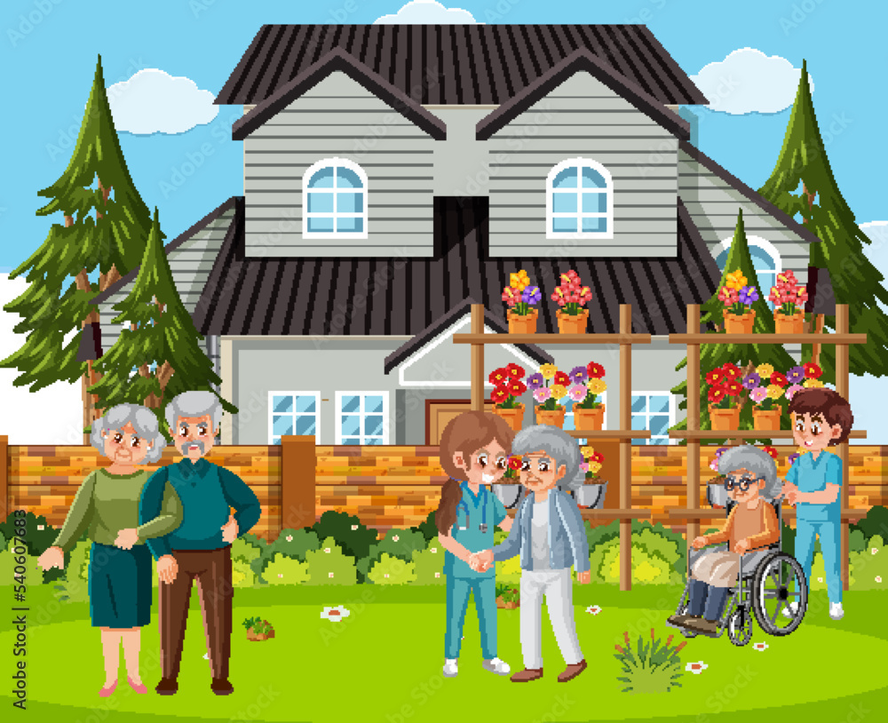 Outdoor park with elderly people and caregiver