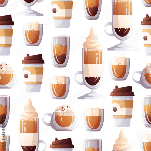 Seamless pattern with cups of coffee. Coffee shop, cafe-bar, drink, beverage concept. Vector illustration. Perfect for product design, wallpaper, wrapping paper.