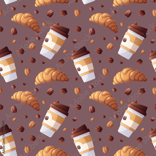 Seamless pattern with coffee in paper cup, croissant, coffee beans. Coffee shop, cafe-bar, drink, beverage concept. Vector illustration. Perfect for product design, wallpaper, wrapping paper.