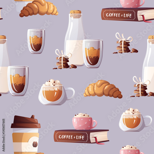 Seamless pattern with cup of coffee, milk, croissant, book, chocolate. Coffee shop, cafe-bar, drink, beverage concept. Vector illustration. Perfect for product design, wallpaper, wrapping paper.