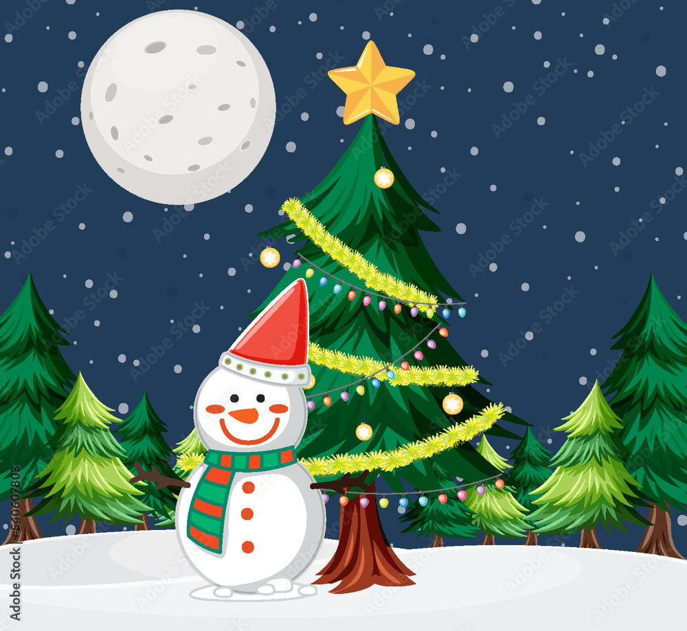 Snowman under Christmas tree outdoor background Snowman under Christmas tree outdoor background