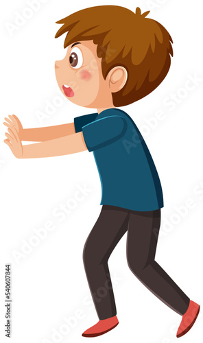 A boy standing in pushing pose