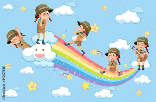 Happy kids in in the sky with rainbow