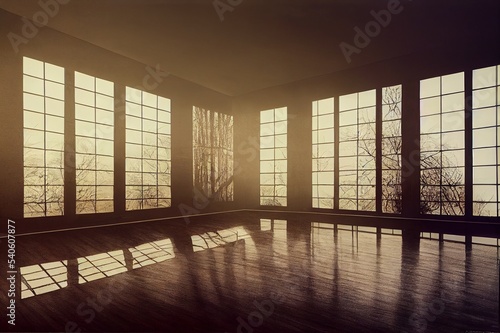 Empty room of business, or residence with woods background