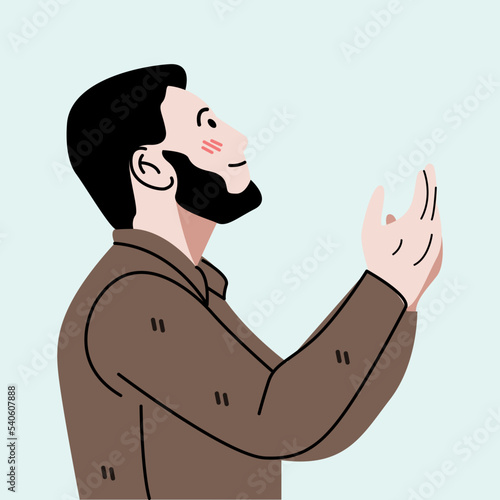 Young muslim man praying flat character photo