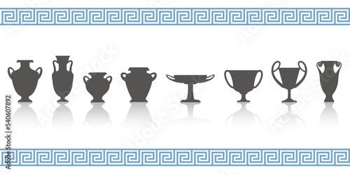 Greek vases silhouettes. Ancient amphoras and pots glyph illustration. Clay ceramic earthenware. Vector. photo