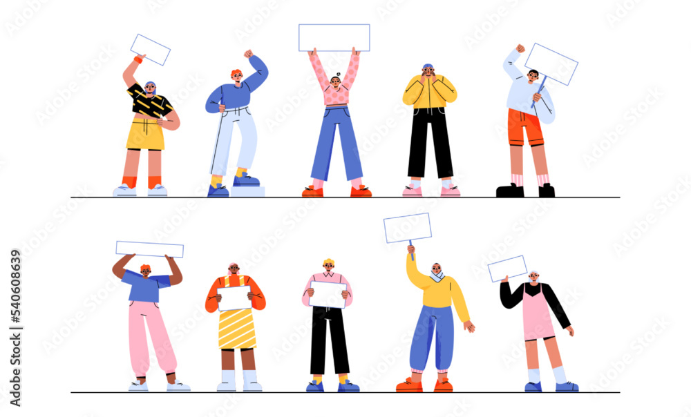 Protest people with placards and banners on rally demonstration or strike. Characters holding empty signs fighting for their rights, activists crowd picketing on riot, Linear flat vector illustration