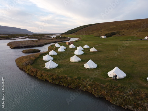 An aerial view of a tented camp in Iceland photo