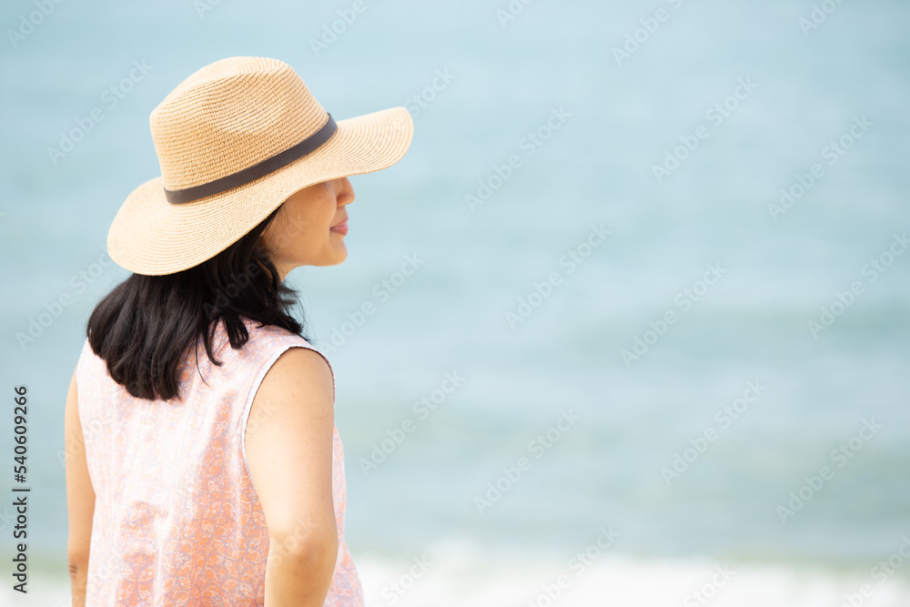 back view of beautiful woman on the beach