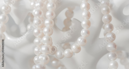 Nature white string of pearls in soft focus. Holidays background