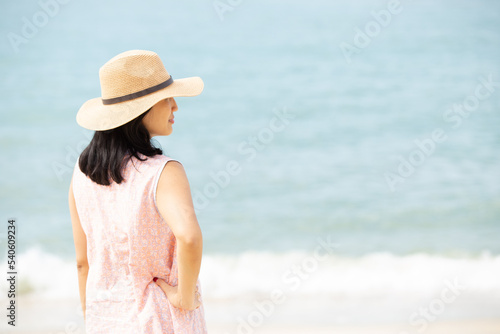 back view of beautiful woman on the beach