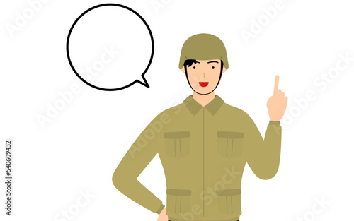 男性兵士のポーズ、指さししながら話す