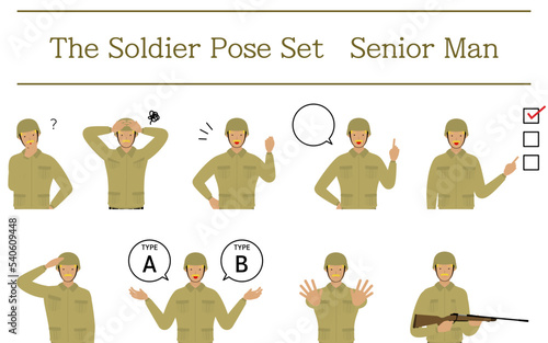 シニア男性兵士のポーズセット、疑問・悩む・励ます・指さしetc