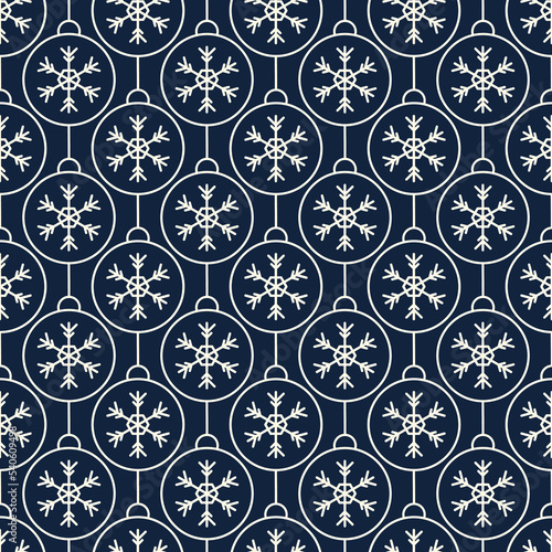 Seamless pattern with Christmas balls. White contour with a pattern of snowflakes. Festive flat style design for packaging and print. Vector.