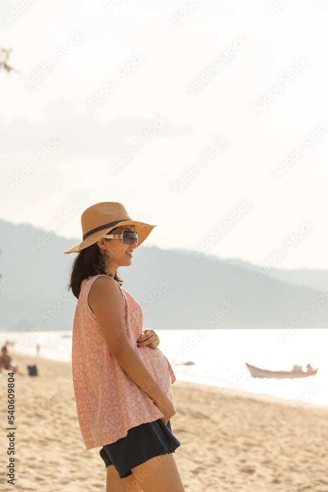 side view of beautiful pregnant woman on the beach