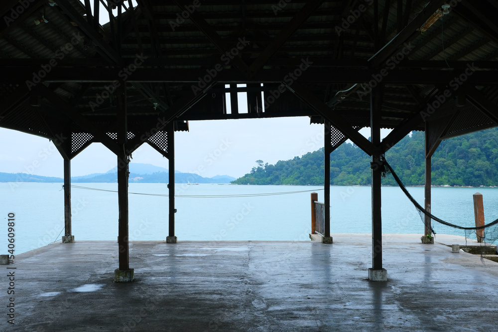 The beautiful view of Pangkor laut from the jetty, with silhouette of the building.