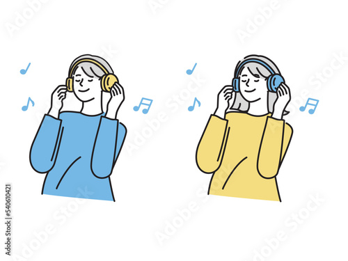 音楽を聴くイラスト(ヘッドフォン、リラックス、趣味、癒し)
Illustration of listening to music. Relaxation, hobbies and healing.