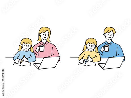 親子のイラスト(勉強、遊び、リラックス、おうち)
Illustration of parents and children.Study, play, relax, home.