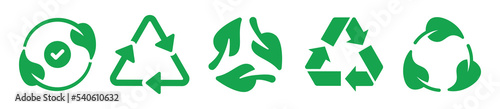 Set recycle icon sign. Green leaf recycling symbol. Ecology icon collection. Vector illustration.
