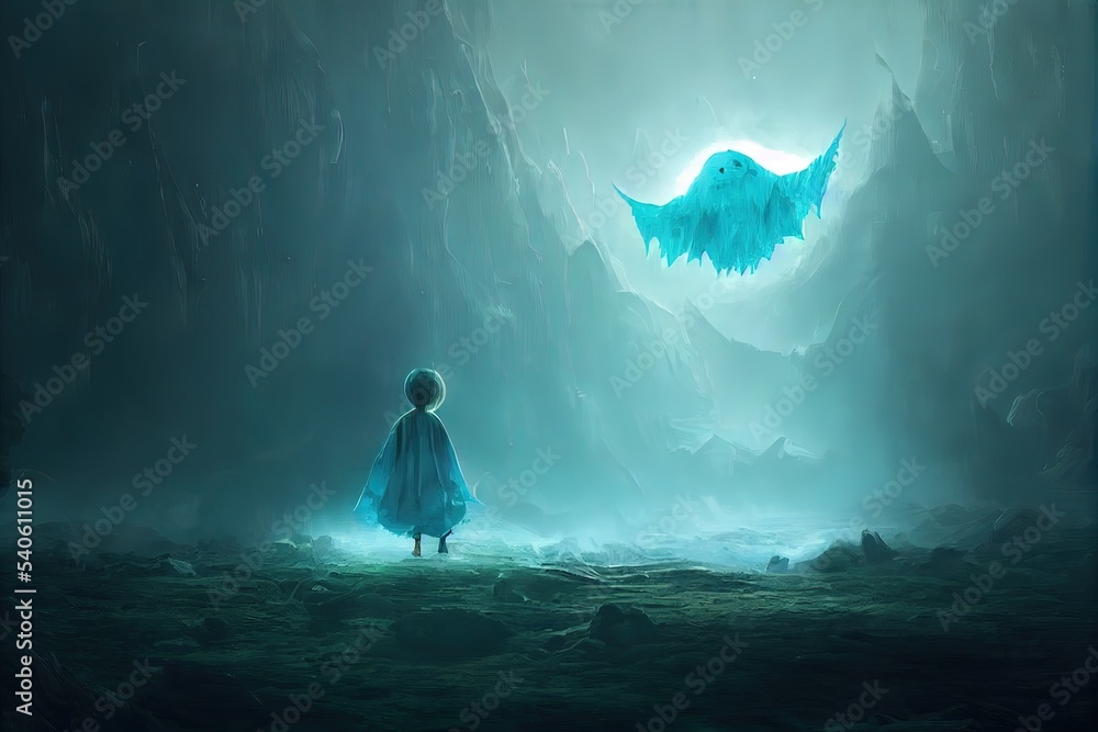Fantasy concept showing A giant ghost emerged from another dimension and reached out to the