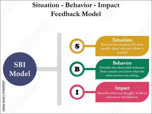 Situation, Behavior, Impact Feedback Model with icons and description placeholder in an infographic template