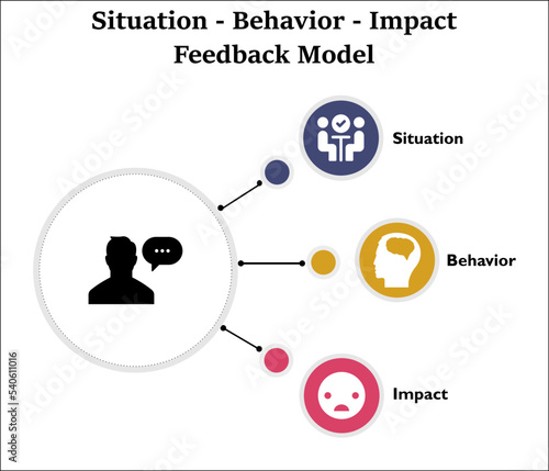 Situation, Behavior, Impact Feedback Model with icons and description placeholder in an infographic template