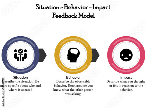 Situation, Behavior, Impact Feedback Model with icons and description placeholder in an infographic template