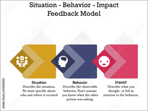Situation, Behavior, Impact Feedback Model with icons and description placeholder in an infographic template