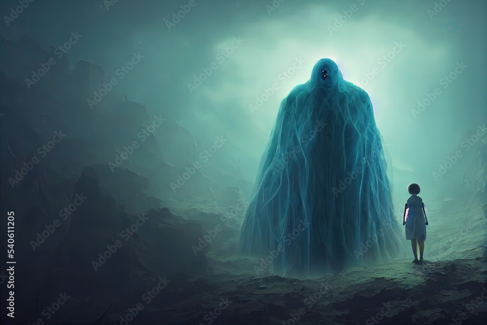 Fantasy concept showing A giant ghost emerged from another dimension and reached out to the
