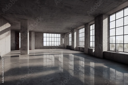 Grunge concrete room interior with daylight. 3D Rendering