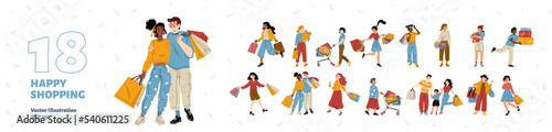 People happy shopping isolated set. Visitors with trolleys and bags buying purchases in shop, mall or boutique Men, women and kids customers purchasing in store Cartoon linear flat vector illustration