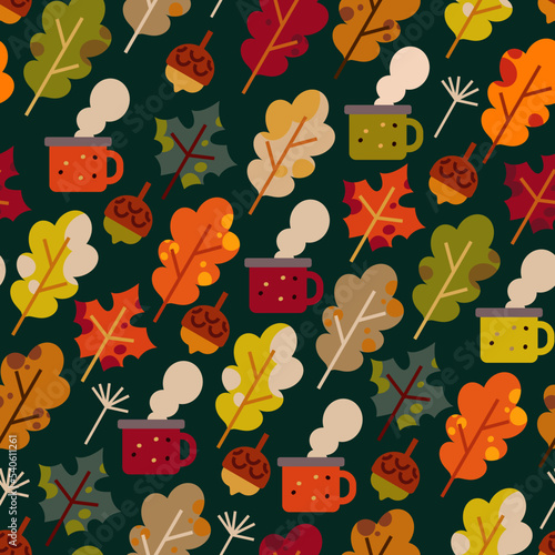 Seamless vector pattern with autumn vibe. Autumn things: colorful leaves, acorns, travel cups. Fall bright background for textile, wallpapers, posters, etc.