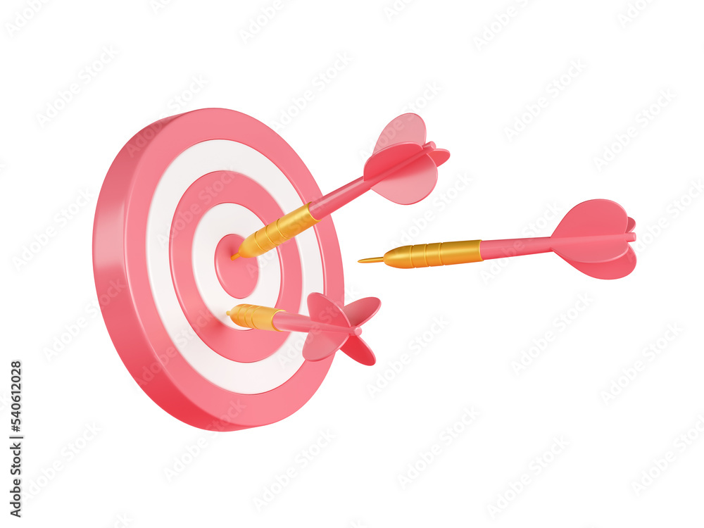 3D illustration of red darts hitting dartboard target icon isolated on white background. Concept of success in business challenge, achievement of goal, marketing strategy. Web page design element 3D illustration of red darts hitting dartboard target icon isolated on white background. Concept of success in business challenge, achievement of goal, marketing strategy. Web page design element