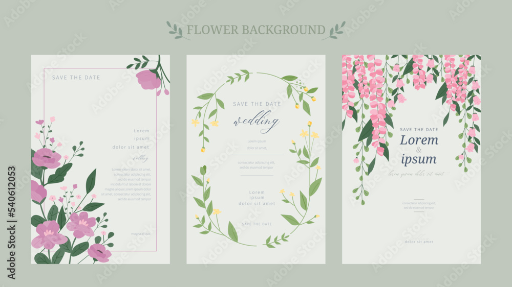 Card template design decorated with flowers. Decorations blooming from the edges, round branch frames, and flowers hanging down like vines. flat vector illustration.