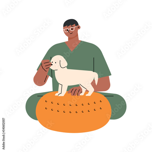 A veterinarian treats a dog on a physiotherapy instrument. flat vector illustration.