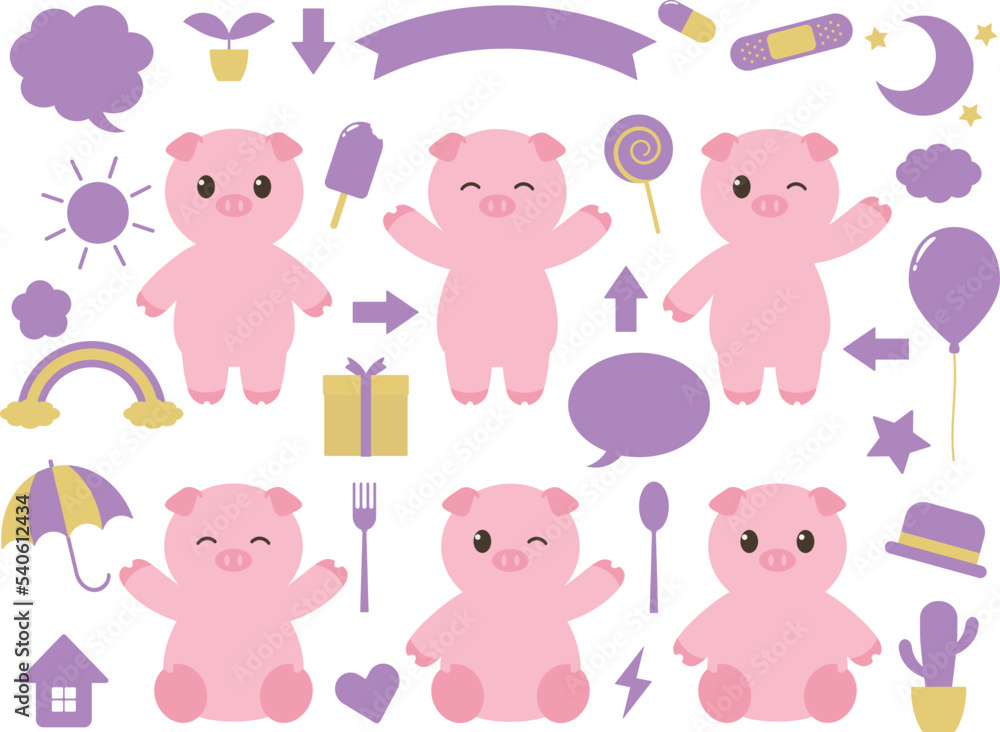 Fototapeta premium かわいいブタの装飾セット