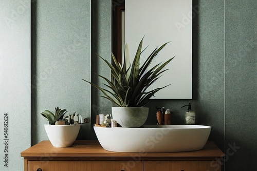 Real photo of a washbasin on a cupboard in a bathroom interior with tiles, mirror and plants