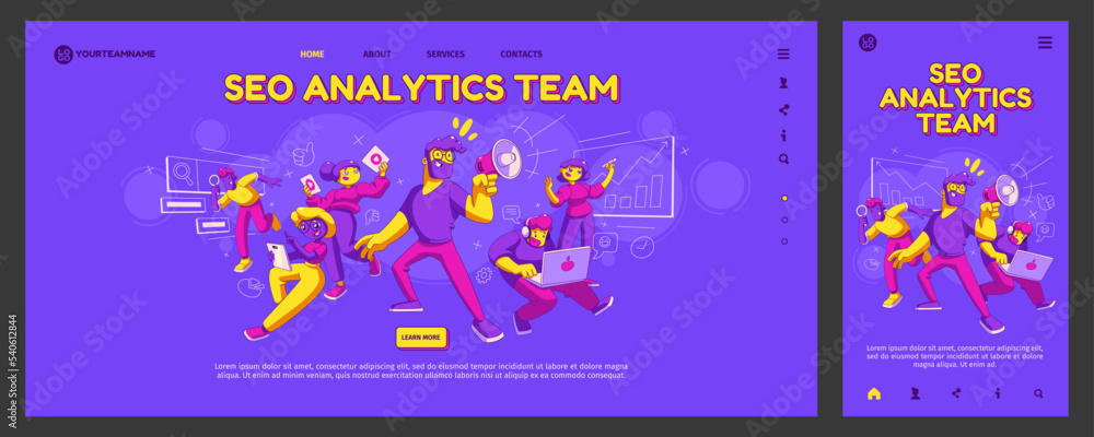 Naklejka premium SEO analytics team landing page template. Creative people doing research, working on laptop, making presentation, speaking in megaphone. Computer, mobile app design. Contemporary vector illustration