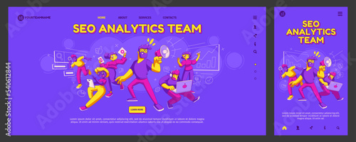 SEO analytics team landing page template. Creative people doing research, working on laptop, making presentation, speaking in megaphone. Computer, mobile app design. Contemporary vector illustration