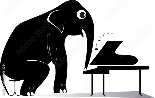 Funny elephant playing piano. 
Cartoon elephant playing piano with inspiration. Black silhouette on white background
