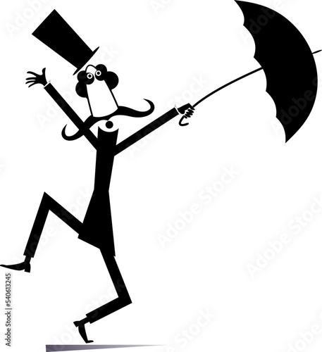 Cartoon man, umbrella and windy day isolated. 
Funny long mustache man in the top hat staying on the strong wind. Black on white background
